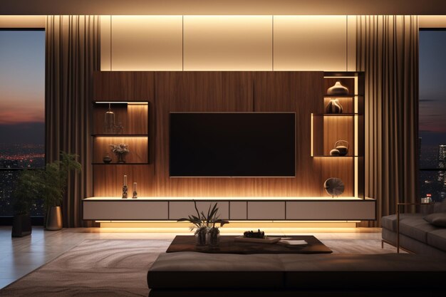 The modern wooden TV unit and lighting concept within a television room add a touch of opulence