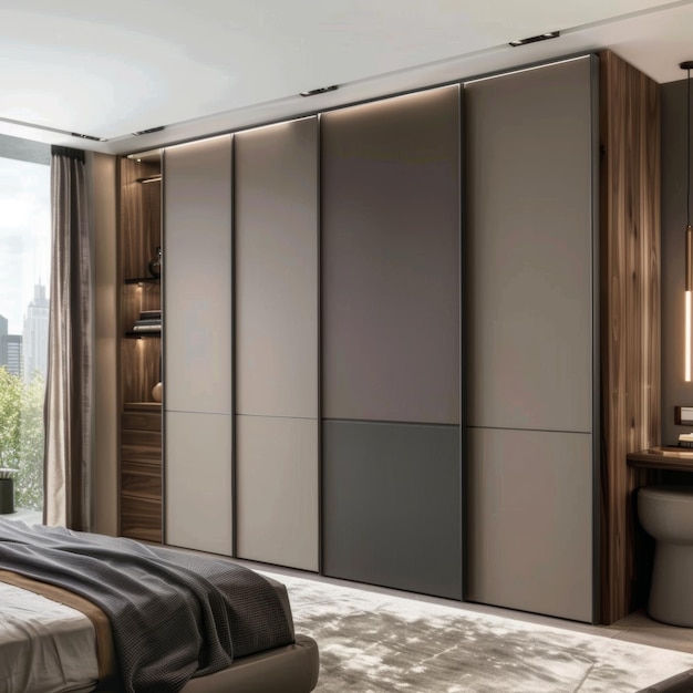 Modern wooden wardrobe with glass sliding doors epitome of contemporary elegance in bedroom