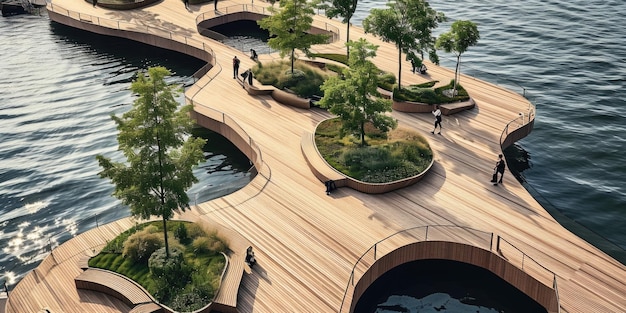 Modern wooden waterfront concept organic shapes biodegradable materials trees and benches