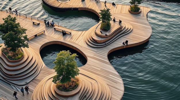 Modern wooden waterfront concept organic shapes biodegradable materials trees and benches