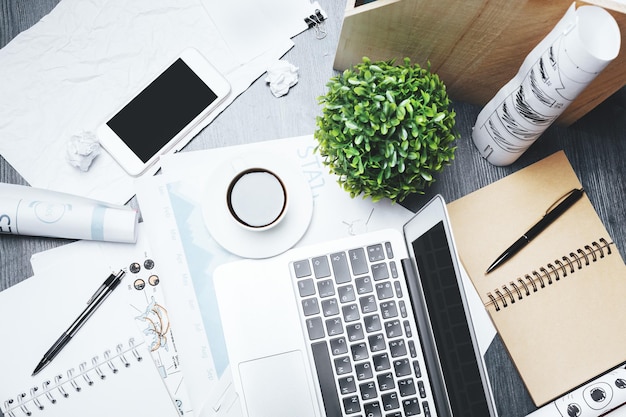 Modern wooden workplace with objects