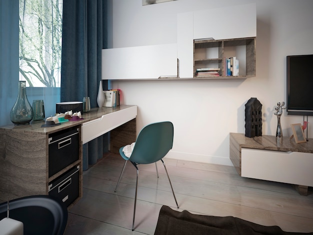 Modern work area with a desk in a teenager's room with shelves on the wall near the window.