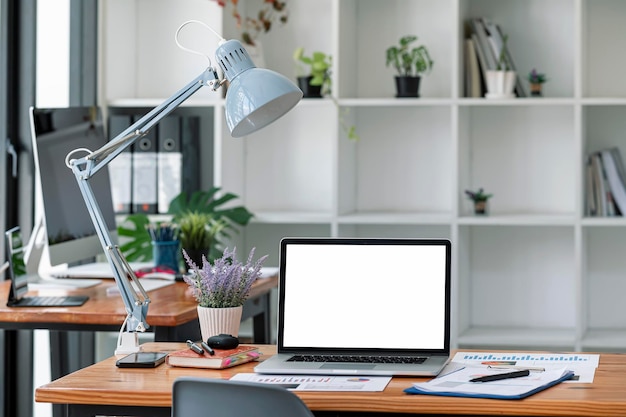 Modern work space office, mockup blank white screen laptop computer on wooden table, work station with office supplies.