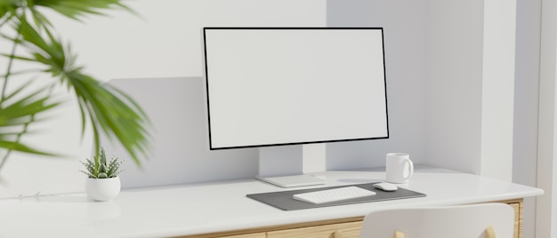 Modern workplace with computer desk and computer monitor blank screen mockup 3d rendering