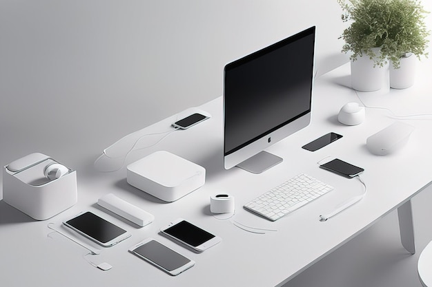 modern workplace with computer smartphone and tablet on grey table 3 d renderingmodern workplace w