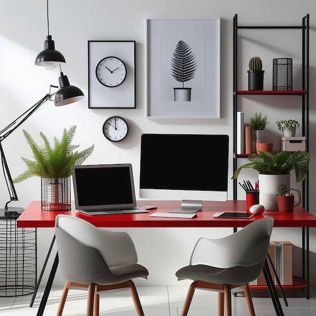 Photo modern workplace with two laptops red table against white wall