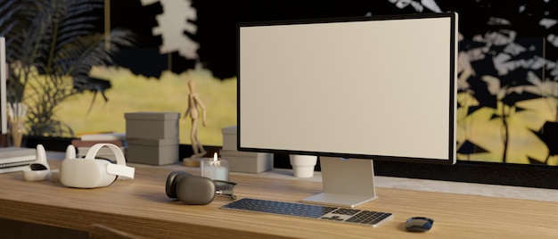 Modern workspace against the window with PC desktop computer mockup on wood table