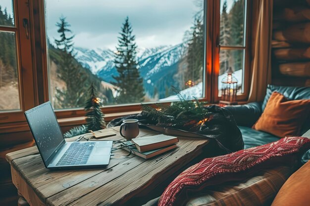 Photo modern workspace above the clouds technology and nature integration concept