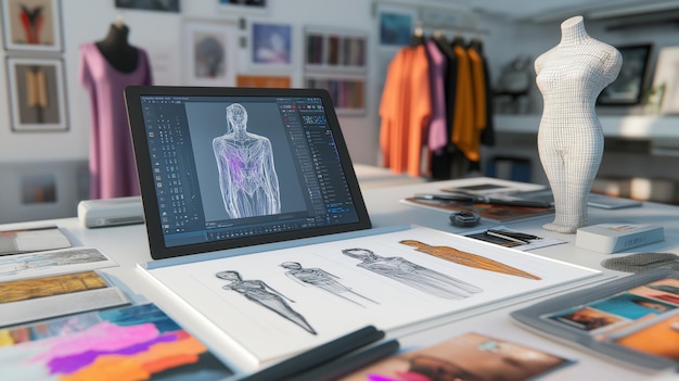 Photo modern workspace featuring aigenerated fashion designs with a digital tablet magazines and fabric samples