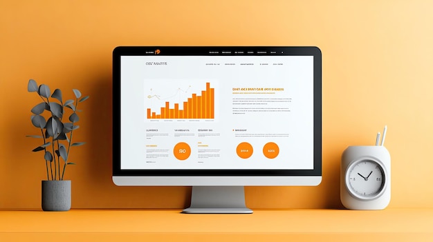 A modern workspace featuring a computer with a vibrant orange backdrop showcasing digital growth charts and analytics