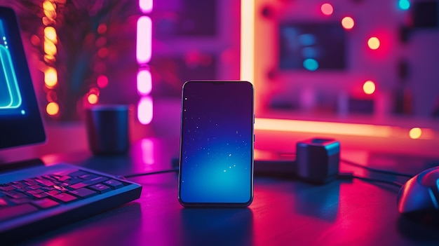 Photo modern workspace featuring a lit smartphone amidst vibrant neon lights during nighttime