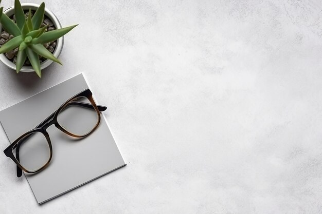 Modern Workspace Keyboard Succulent Glasses Notepad and Coffee Cup on Light Grey Background Created