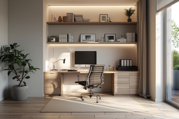 Modern Workspace Minimalist desk ergonomic chair floating shelves monochromatic color scheme ample