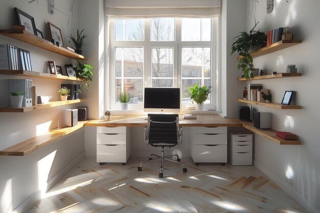 Modern Workspace Minimalist desk ergonomic chair floating shelves monochromatic color scheme ample