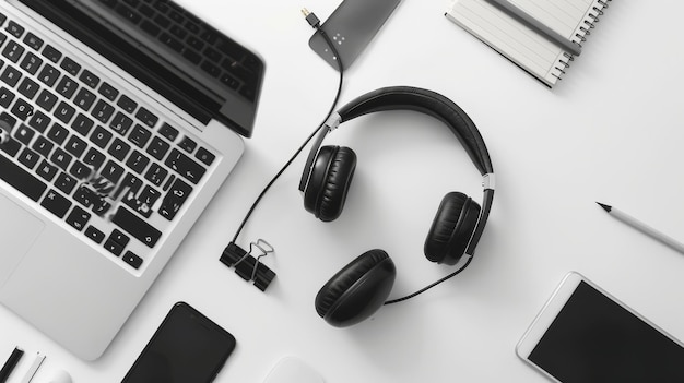 A modern workspace setup featuring a laptop headphones phone and various office supplies arranged neatly on a white desk