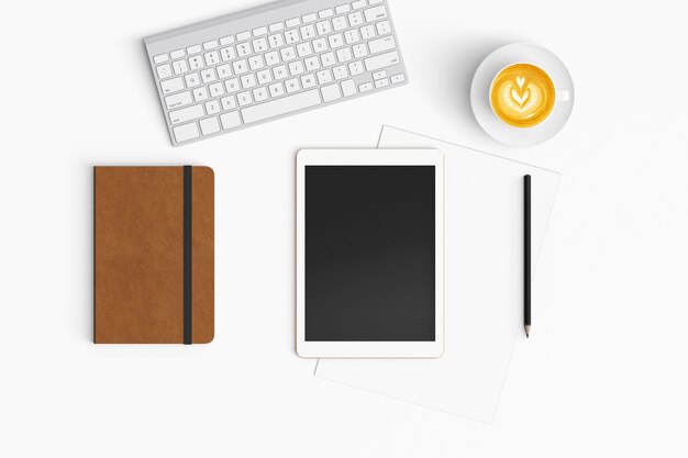 Modern workspace on white background. Top view. Flat lay style.