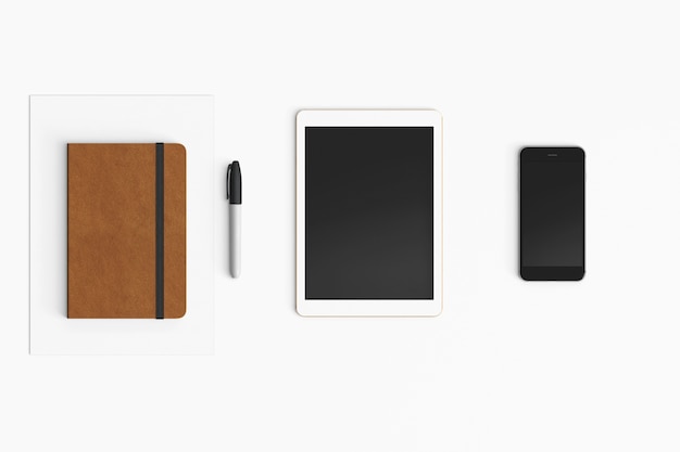 Modern workspace on white background. Top view. Flat lay style.