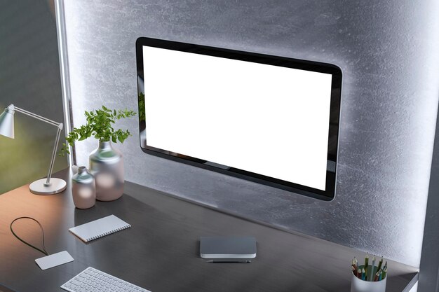 Photo a modern workspace with a blank computer screen desk lamp vases and stationery on a wooden tabletop against a textured wall concept of a home office 3d rendering