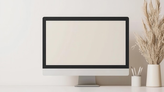 Photo modern workspace with blank computer screen dried pampas grass and white desk