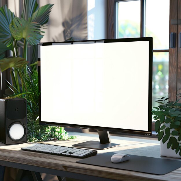 Photo modern workspace with blank computer screen