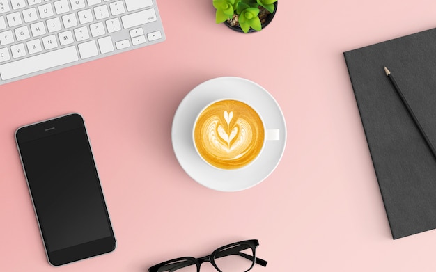 Modern workspace with coffee cup, notebook, keyboard and smartphone on pink color