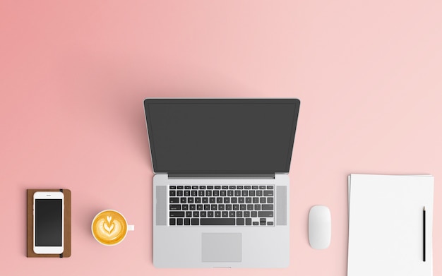 Modern workspace with coffee cup, notebook, smartphone and laptop on pink color