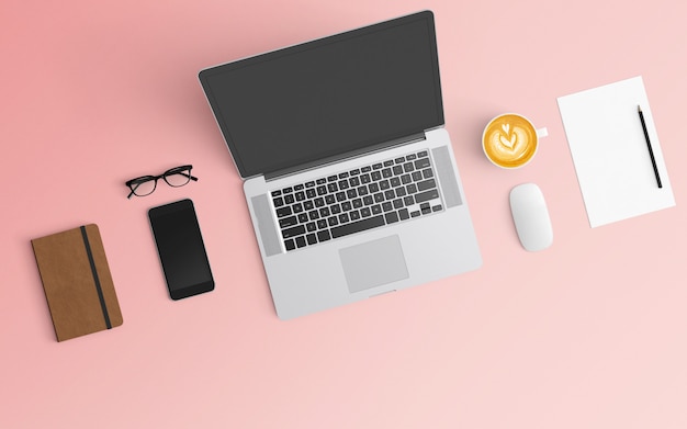 Modern workspace with coffee cup, notebook, smartphone and laptop on pink color