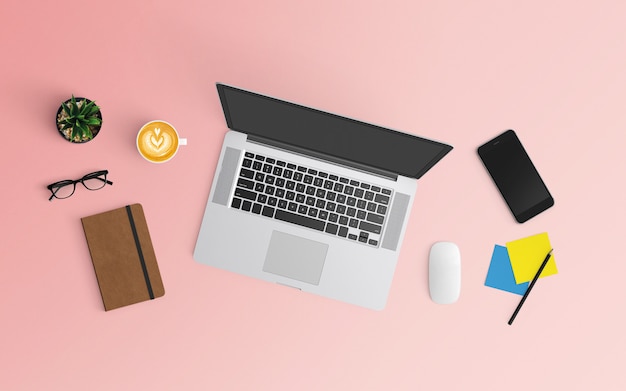 Modern workspace with coffee cup, notebook, smartphone and laptop on pink color