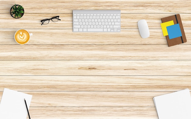 Modern workspace with coffee cup, paper, notebook and keyboard on wood