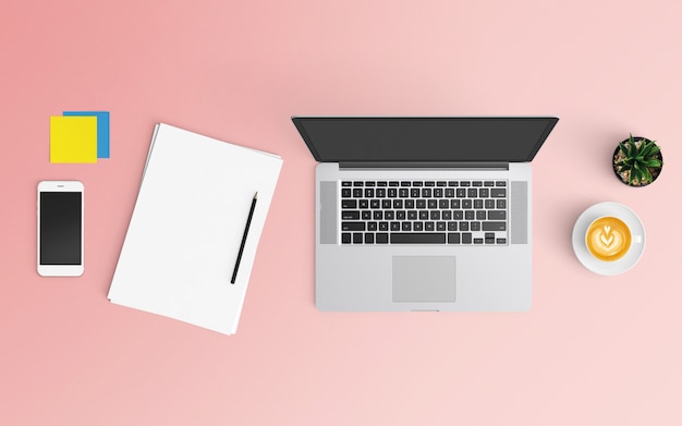 Modern workspace with coffee cup, paper, smartphone, notebook and laptop on pink color