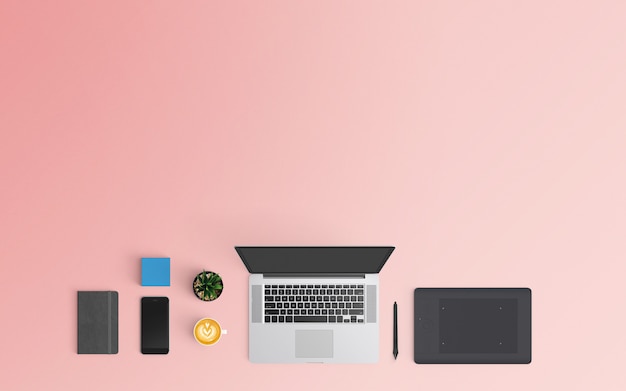 Modern workspace with coffee cup, paper, smartphone, notebook and laptop on pink color