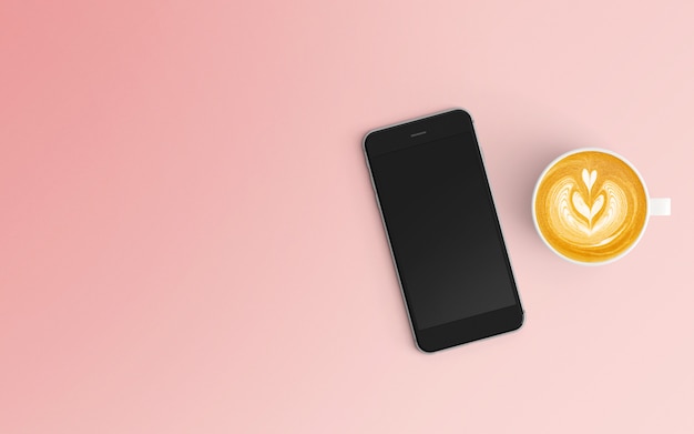 Modern workspace with coffee cup and smartphone on pink color