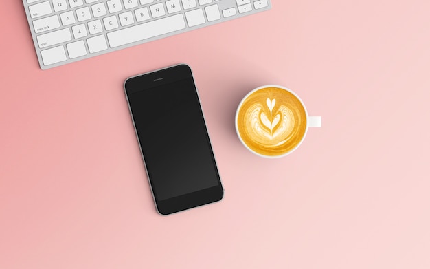 Modern workspace with coffee cup and smartphone on pink color