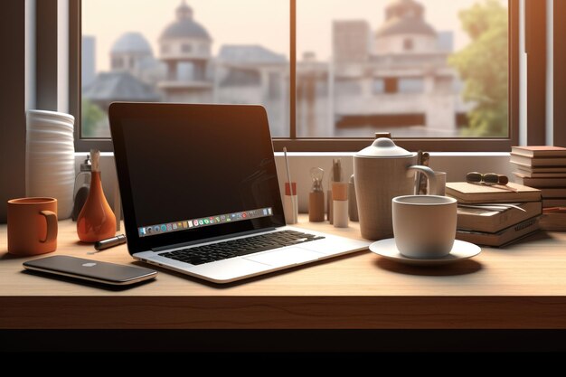 Modern workspace with computer coffee cup workspace office room meeting table lid opened computer laptop background blank Ai generated