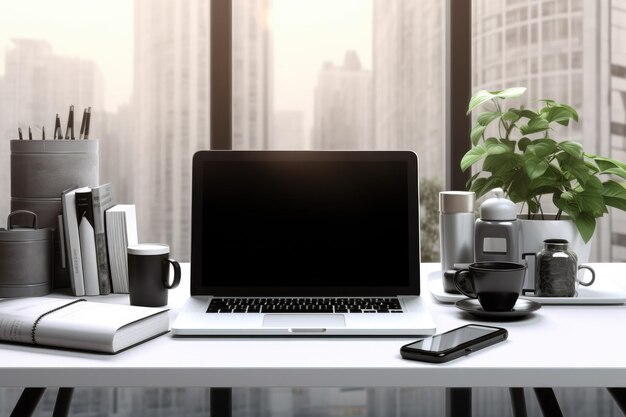 Modern workspace with computer coffee cup workspace office room meeting table lid opened computer laptop background blank Ai generated