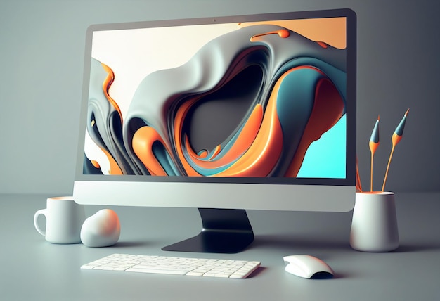 Modern workspace with computer and office supplies 3d illustration generative ai