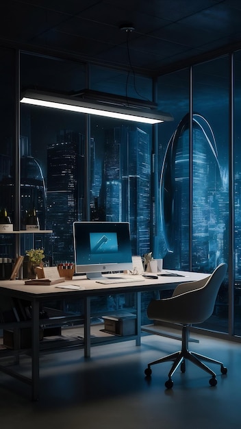 Modern workspace with a futuristic background