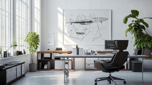 Modern Workspace with Geometric Pyramid Art Military Aircraft Blueprint Decor