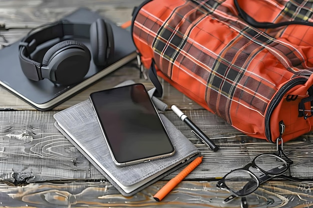 Photo modern workspace with headphones tablet and travel bag on a rustic wooden table