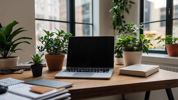 Modern workspace with laptop coffee cup and plants on wooden table