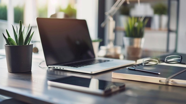 Modern Workspace with Laptop and Stationery on Wooden Desk