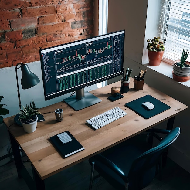 Photo a modern workspace with stock data analytics on display