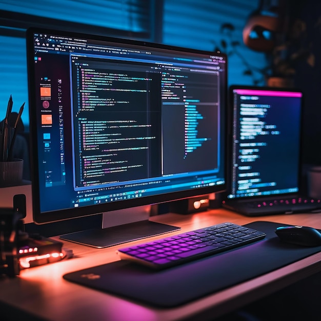 A modern workspace with two computer monitors displaying code a keyboard and mouse and a desk with a wooden surface