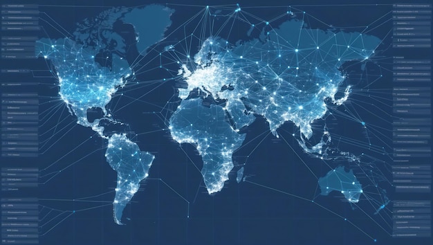 A modern world map highlighting global connectivity and technological networks