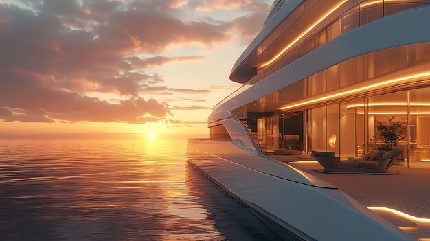 Photo modern yacht deck at sunset with golden hour lighting