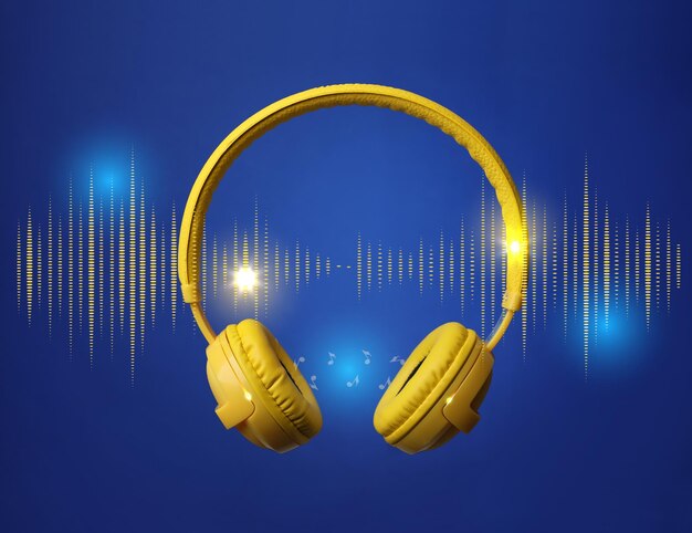 Modern yellow headphones and illustration of dynamic sound waves on blue background