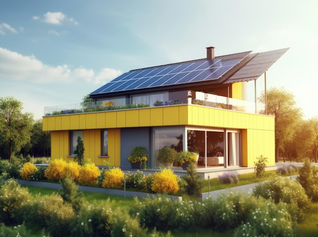 Modern yellow house with a garden and solar panels on the roof against the blue sky