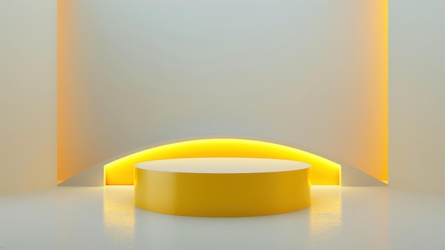 Modern yellow podium white background minimalistic 3D rendering product display scene clean showroom setup high contrast soft lighting empty space photorealistic