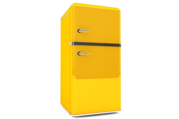 Modern yellow refrigerator on a white background.