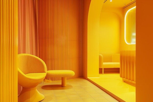 A modern yellow room featuring a yellow chair and table A modern design with yellow as the primary color